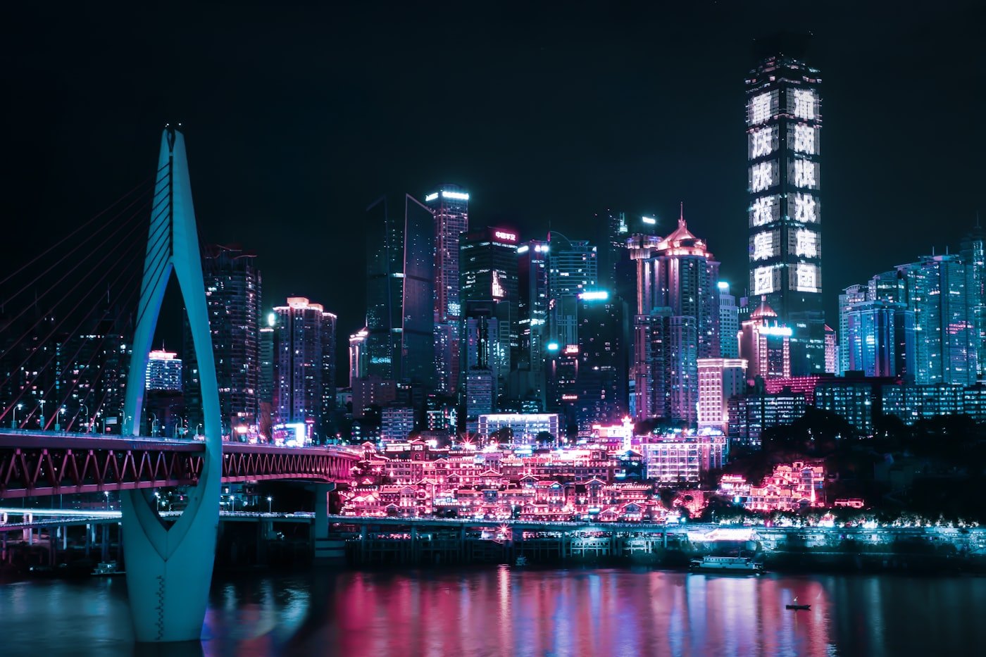 Chongqing Hongyadong night skyline over the river